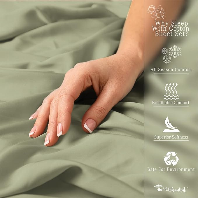 URBANHUT 1000 Thread Count California King Size Egyptian Cotton Sheets, Long Staple Soft & Breathable, 4 Pc Bed Sheet Sets for Cal King Bed, Luxury Hotel Sateen Sheets Fits 16" Deep Pocket - Sage