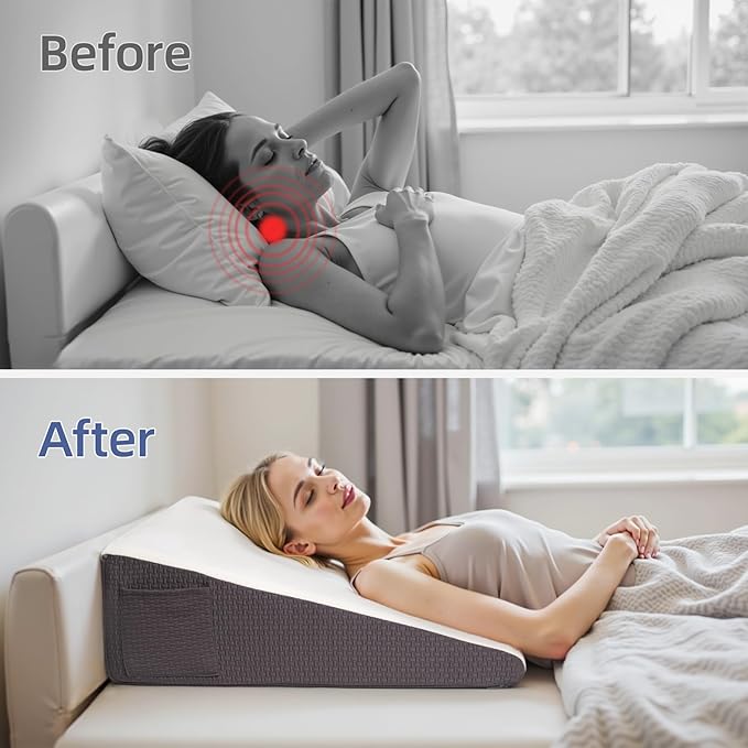 Wedge Pillow for Headboard, 7.5’’ Triangle Elevated Bed Wedge Pillow for Acid Reflux Relief, Sleeping, Post Surgery, Back Pain Relief, Snoring, Soft Memory Foam Top & Washable Breathable Cover, Grey
