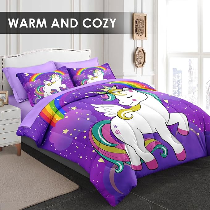 Queen Size Comforter Set with 2 Pillowcases & 2 Shams, Cute Unicorn Purple Space 7 Pcs Bedding for Kids and Teens, Animal Rainbow Horse Bed in a Bag with Flat Fitted Sheet