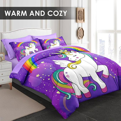 Queen Size Comforter Set with 2 Pillowcases & 2 Shams, Cute Unicorn Purple Space 7 Pcs Bedding for Kids and Teens, Animal Rainbow Horse Bed in a Bag with Flat Fitted Sheet