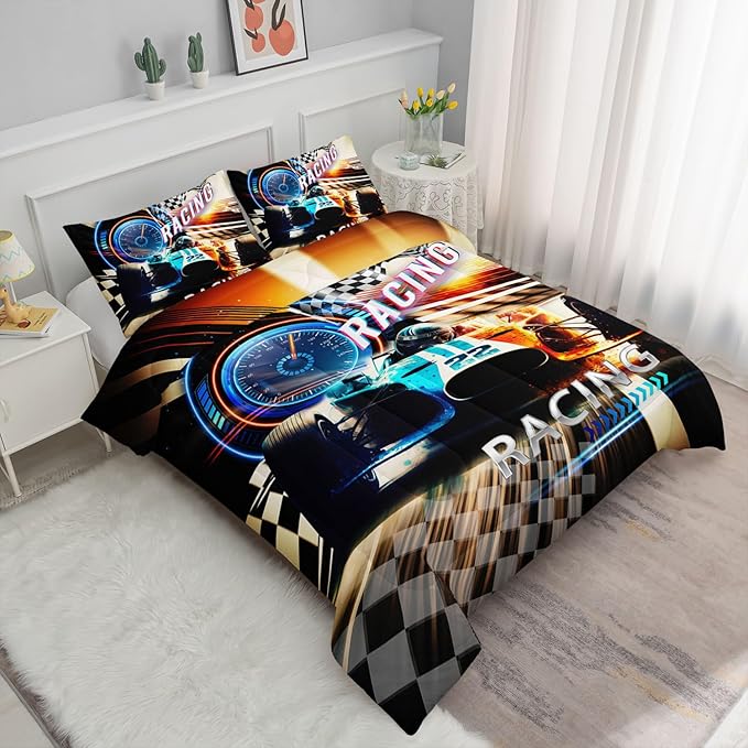 Kids Comforter Set Racing Theme Printed Pattern Bedding Set with 1 Comforter and 2 Pillowcases for Girls Boys Bedroom All Season(D-Racing Theme Twin)
