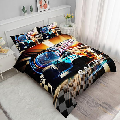 Kids Comforter Set Racing Theme Printed Pattern Bedding Set with 1 Comforter and 2 Pillowcases for Girls Boys Bedroom All Season(D-Racing Theme Twin)