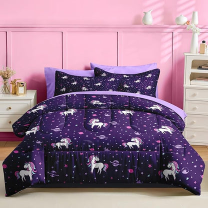 Nesker Comforter Set Queen Size, Purple Unicorn 7 Pcs Bedding for Kids Teens, Cute Rainbow with Fitted Sheet 2 Pillowcases & 2 Shams for Bedroom Bed Decor