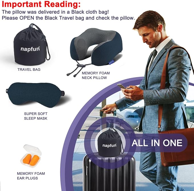 napfun Neck Pillow for Traveling, Upgraded Travel Neck Pillow for Airplane 100% Pure Memory Foam Travel Pillow for Flight Headrest Sleep, Portable Plane Accessories, Luxury Sets (Optional), Deep Blue