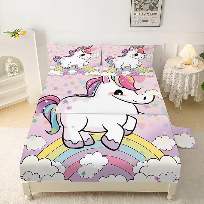 Unicorn Sheets Set Twin: Cartoon Pink Rainbow Unicorn Bedding for Kids Girls Teens Bedroom Bed - 1 Flat Sheet, 1 Fitted Sheet, 1 Pillowcase