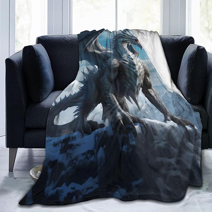 Blue Ice Dragon Blanket Gifts for Adults Boys Snow Mountain Flannel Throw Blankets Soft Comfy Lightweight for Home Decor Couch Bed Sofa 60x50 Inches