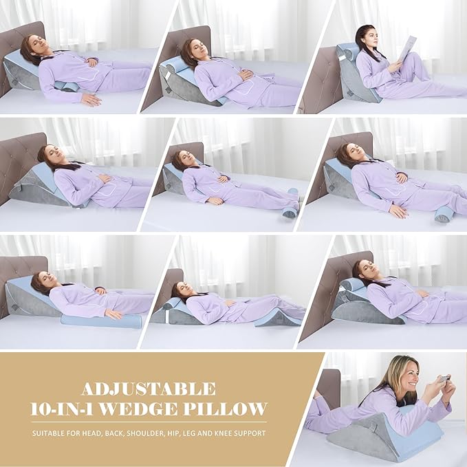 Bed Wedge Pillow for Sleeping, Adjustable Wedge Pillow Set for After Surgery, Elevated Triangle Pillow for Acid Reflux and Back Pain Relief, Post Surgery, Sleep Apnea, Back Suppor