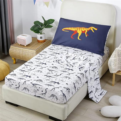 URBONUR 4-Piece Toddler Bedding Set - Ultra Soft Cartoon Jurassic Dinosaur Print Boys Toddler Comforter Set - Include Comforter, Flat Sheet, Fitted Sheet and Reversible Pillowcase, Navy Dinosaur
