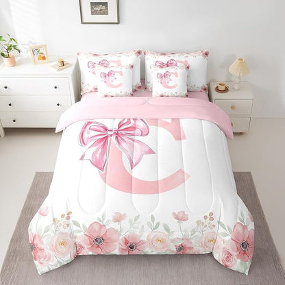 Erosebridal Full Size Initial Letter C Bedding Sets, Kawaii Dreamy Princess Style Bed in A Bag for Teens, Pink Bow Tie Bowknot Comforter Set with Sheets Flower Floral Spring Bed Set Bedroom Decor