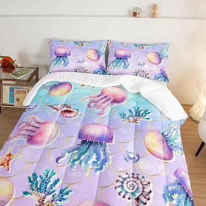 Cute Ocean Comforter Set Kids Bedding King Size,Color Jellyfish Conch Sea Star Print Comforter for Teens Boys Girls Room Decor,Kawaii Beach Bedding Set with 2 Pillowcases.