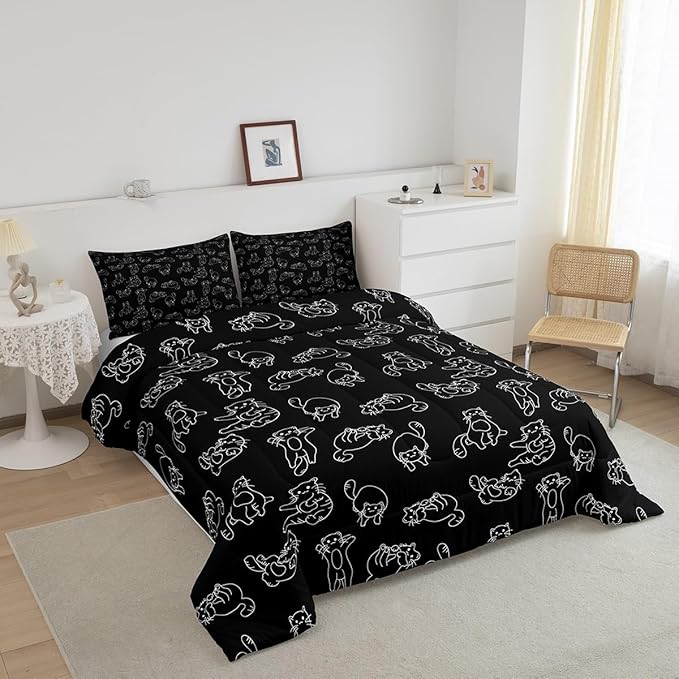 Feelyou Cartoon Cat Comforter Cute Pet Cats Kids Comforter Set Animal Pattern Printed Bedding Set Set for Boys Room Decor Kitten Print Bed Cover Queen Size with 3 Pillow Case