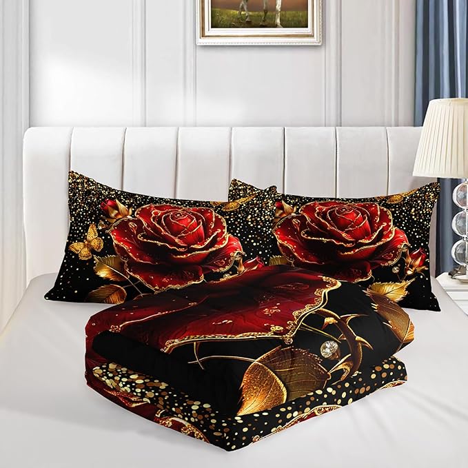 Gold Red Rose Comforter Set King Size,Golden Glitter Butterfly Pattern Bedding Set for Girls Women Couple Lover,Romantic Valentine's Day Floral Themed Bedding Set with 2 Pillowcases.