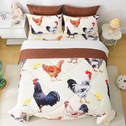Wajade Chicken Comforter Set 7 Pcs Animal Theme Bedding Set Twin Size for Kids Adults Chicken Quilt Farm Theme Printed Pattern for Thanksgiving Birthday