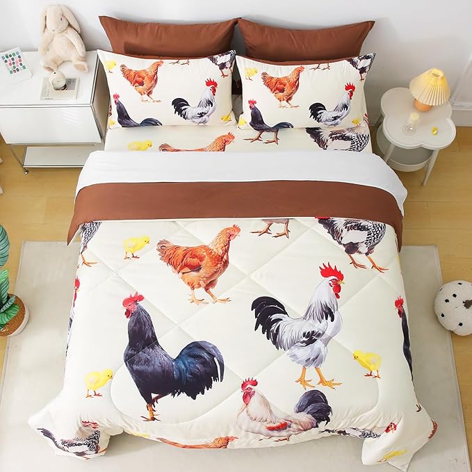 Wajade Chicken Comforter Set 7 Pcs Animal Theme Bedding Set Queen Size for Kids Adults Chicken Quilt Farm Theme Printed Pattern for Thanksgiving Birthday