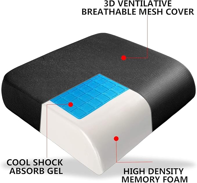 YOUFI Extra Thick Large Seat Cushion with Extra Cover, Gel Memory Foam Cushion with Carry Handle Non Slip Bottom, Pain Relief Coccyx Cushion for Office Chair, 19''x17.5''x4'' (Black Cover)