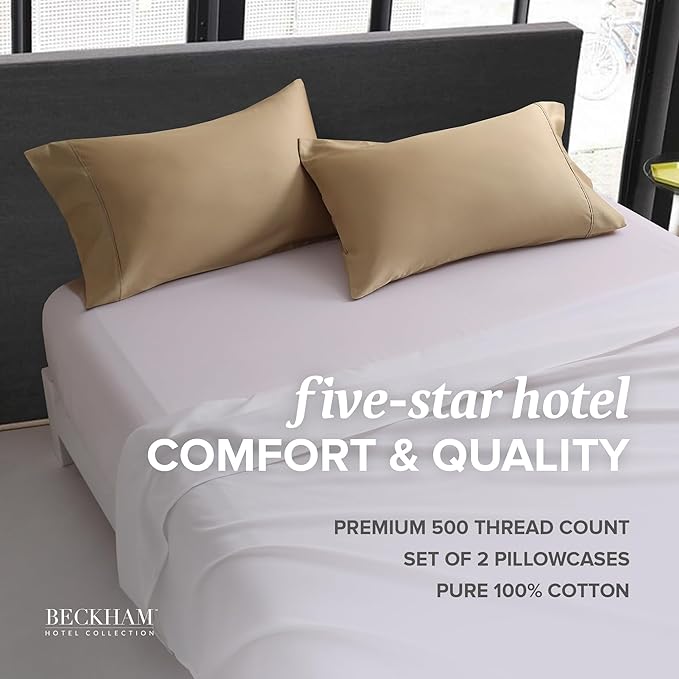 Beckham Hotel Collection Bed Pillows with Cotton Pillowcases Queen Size Sets of 2, Soft Down Alternative Pillows for Sleeping, Open End Cases for Easy Changing, Sand