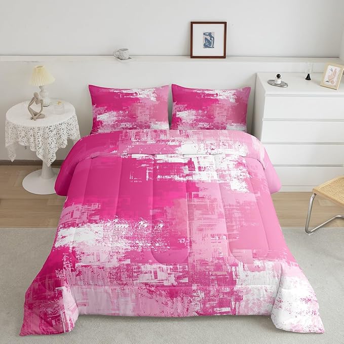 Feelyou Pink Abstract Duvet Quilt Geometric Bedding Set for Kids Boys Girls Teens Room Decor Modern Comforter Set Toddler Size Buffalo Check 2Pcs Breathable Soft Lightweight Microfiber