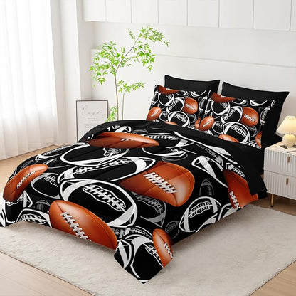 Cartoon Rugby Comforter Set 7Pcs Sports Brown Rugby American Football Bedding Set for Kid Teen Girl Boy Black White Rugby Quilt Bed Decor Queen with 2 Sheets,2 Pillowcases,2 Throw Pillow Covers