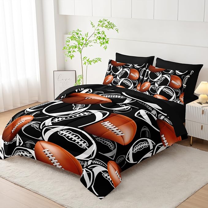 Cartoon Rugby Comforter Set 7Pcs Sports Brown Rugby American Football Bedding Set for Kid Teen Girl Boy Black White Rugby Quilt Bed Decor Twin with 2 Sheets,2 Pillowcases,2 Throw Pillow Covers