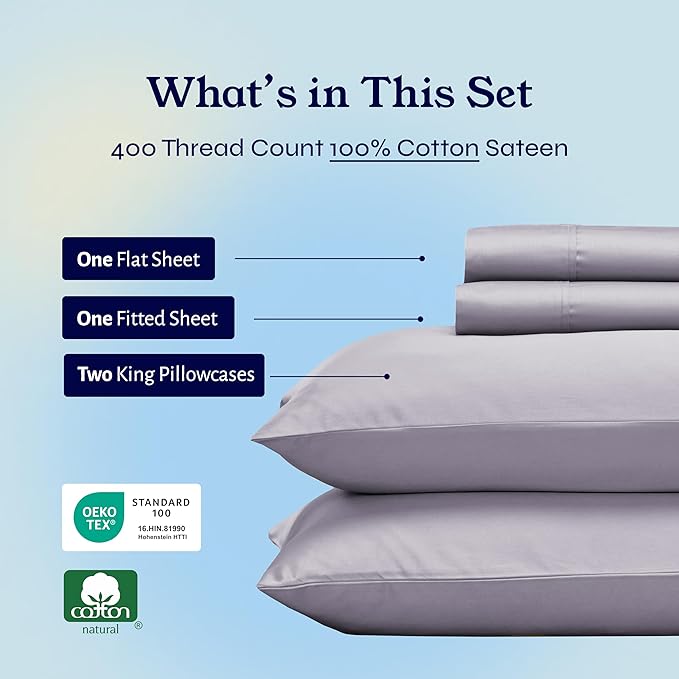 California Design Den Soft 400 Thread Count Natural 100% Cotton Sheets Sateen, King Bed Sheets Set, Deep Pockets, All-Around Elastic for a Snug Fit, Durable Bedding Set - Dusky Lavender Grey