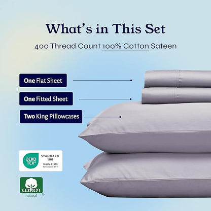 California Design Den Soft 400 Thread Count Natural 100% Cotton Sheets Sateen, King Bed Sheets Set, Deep Pockets, All-Around Elastic for a Snug Fit, Durable Bedding Set - Dusky Lavender Grey
