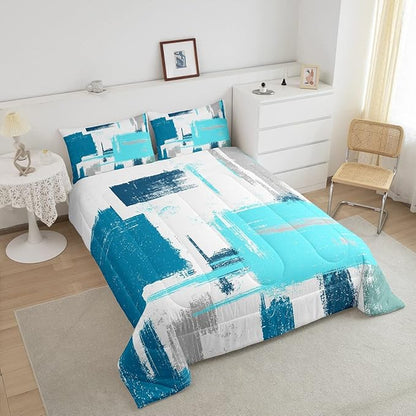 Feelyou Abstract Bedding Set Comforter Set for Kids Boys Girls Teens Room Decor Modern Abstract Art Comforter Teal Blue White Duvet Set 3Pcs King Size