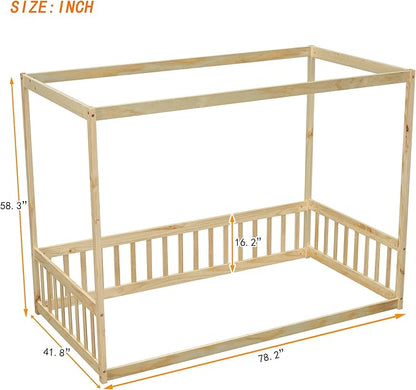 MERITLINE Full Canopy Bed Frame with Fence,Solid Wood Montessori Floor Bed with Guardrail, Easy to Assemble (Natural)