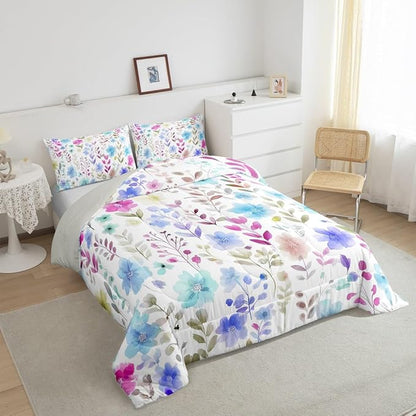 Erosebridal Cute Floral Boho King Comforter Set,Pink and Blue Purple Flower Bedding Set for Girls Women,Farmhouse Spring Flowers Quilt,Colorful Wildflower Bedroom Decor,2 Pillowcases Breathable