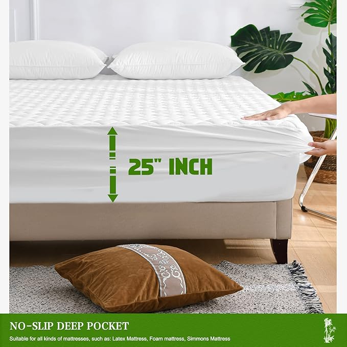 UNILIBRA Queen Mattress Pad Waterproof Rayon Made from Bamboo, Fitted Deep Pocket Mattress Cover fits 6''-25'', Breathable Quilted Mattress Protector, White