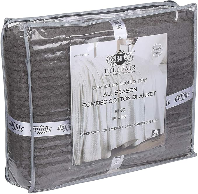 HILLFAIR 100% Combed Cotton Blanket– King Size Bed Blankets– Warm Soft All Season Breathable Lightweight Summer Blankets– Waffle Weave Home Decor Bed Blanket- Grey King Bed Cotton Blankets/Bedcovers