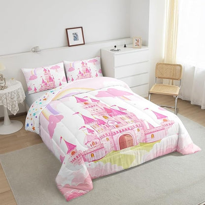 Feelyou Kids Full Pink Castle Comforter Set Boys Princess Rainbow Castle Bedding Set Girls Comforter Fairy Tales Duvet Set Girls Bed Set 3Pcs