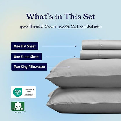 California Design Den King Bed Sheets Set - Soft 400 Thread Count Sateen, Natural 100% Cotton Sheets, Deep Pockets with All Around Elastic for a Snug Fit, Durable Bedding Set - Light Grey
