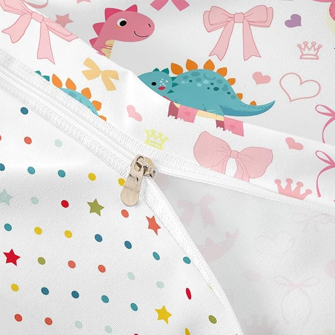 Cute Dino Duvet Cover Set Full Size,Kawaii Bowknot Heart Princess Style Reversible Quilt Cover with 2 Pillowcases,Pink Blue Dinosaur Cartoon Animal Breathable Bedding Set (NO Comforter), Soft