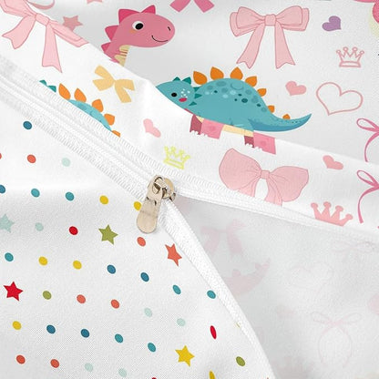 Cute Dino Duvet Cover Queen Size,Kawaii Bowknot Heart Princess Style Polyester Reversible Bedding Set (Not Comforter),Pink Blue Dinosaur Cartoon Animal Comforter Cover for Bedroom, Zipper, Ties