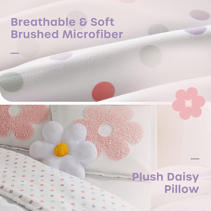 Intelligent Design Kids Full Comforter Set for Girls, Tufted Chenille Floral Comforter Set Queen, Lightweight Polka Dot Reversible Bed Set, Shams, Pillow, Gracie, Full/Queen White/Purple 4 Piece