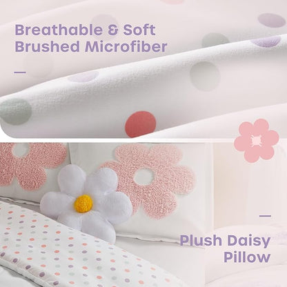Intelligent Design Kids Full Comforter Set for Girls, Tufted Chenille Floral Comforter Set Queen, Lightweight Polka Dot Reversible Bed Set, Shams, Pillow, Gracie, Full/Queen White/Purple 4 Piece
