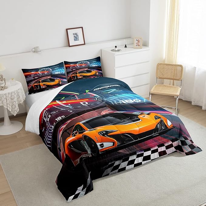 Feelyou Race Car Bedding Set Boys Extreme Sports Comforter Set for Kids Boys Cool Car Comforter Car Sports Quilt Set 1 Comforter Set with 2 Pillowcases King Size