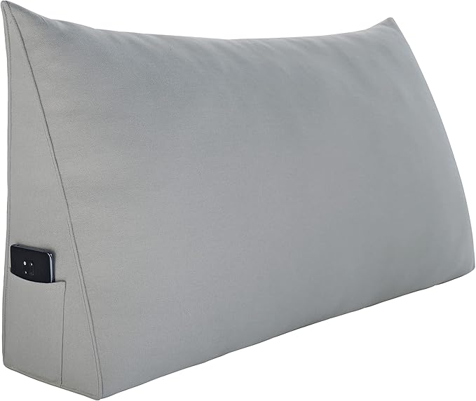 Johnear Triangular Headboard Pillow Daybed Wedge Pillow Cotton Linen Large Bolster Reading Back Rest Pillow for Sofa Bed Support Bolster Upholstered Backrest Positioning Lumbar Cushion（Queen， Gray）