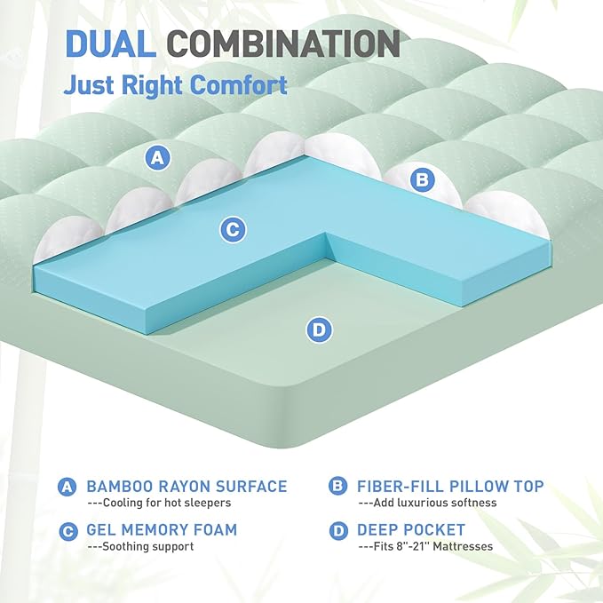 Dual Layer 3 Inch Memory Foam Mattress Topper Full Size, 2 Inch Gel Memory Foam Plus 1 Inch Cooling Pillow Top Mattress Pad Cover, with 8-21 Inch Deep Pocket, Green