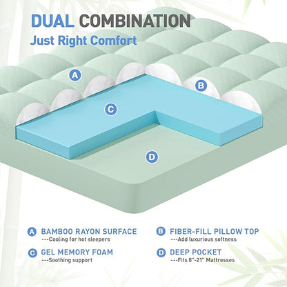 Dual Layer 3 Inch Memory Foam Mattress Topper King Size, 2 Inch Gel Memory Foam Plus 1 Inch Cooling Pillow Top Mattress Pad Cover, with 8-21 Inch Deep Pocket, Green