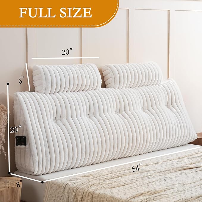 YOUR MOON Large Wedge Headboard Pillow Full for Back with 2 Roll Pillows, Faux Fur Backrest Cushion with Shredded Memory Foam, Triangular Wedge Reading Pillow for Bed Sitting Up Sleeping, White