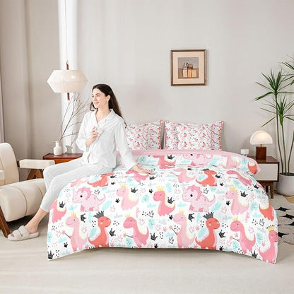 Feelyou Pink Dinosaur 7 Piece Bedding Set Cute Dinosaur Comforter Set with Sheets for Kids Boys Girls Crown Print Bed in a Bag Kawaii Animal Bed Set Soft Lightweight