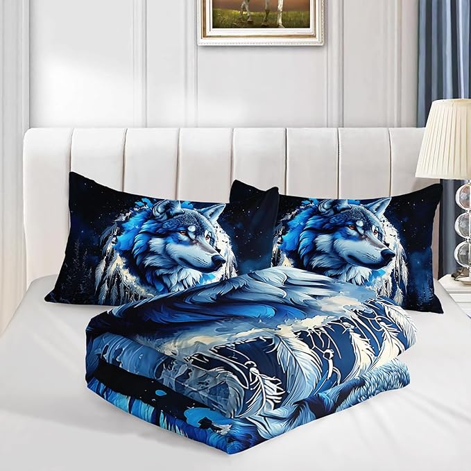 Wild Animal Themed Wolf Comforter Set Full Size,Blue Dream Catcher Snow Scene Bedding Sets for Kids Boys Girls Teens Room Decor,Western Comforter Set with 2 Pillowcases.