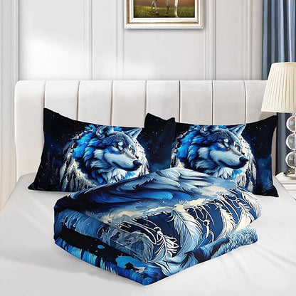 Wild Animal Themed Wolf Comforter Set Full Size,Blue Dream Catcher Snow Scene Bedding Sets for Kids Boys Girls Teens Room Decor,Western Comforter Set with 2 Pillowcases.