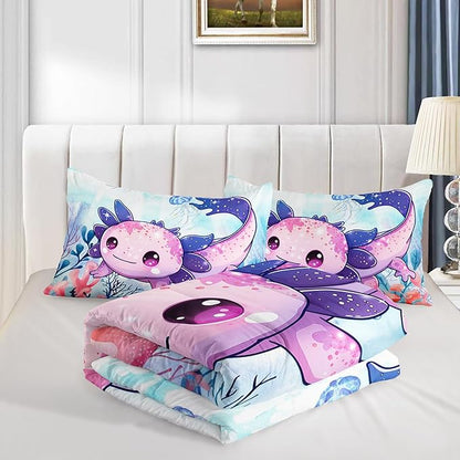 Cute Axolotl Bedding Set Twin Size,Color Axolotl Waterweed Jellyfish Pattern Toddler Bed Comforter Set,Kawaii Ocean Life Bedding Sets for Kids Boys Girls Room Decor with 2 Pillowcases.