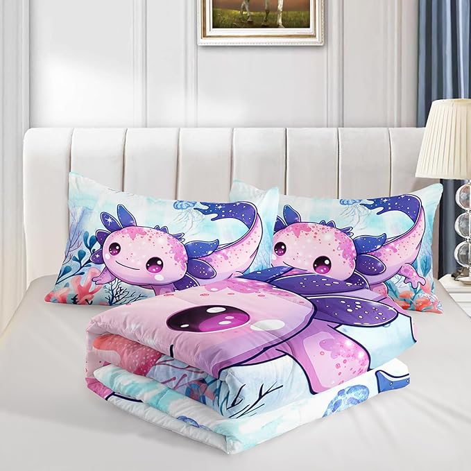 Cute Axolotl Bedding Set King Size,Color Axolotl Waterweed Jellyfish Pattern Toddler Bed Comforter Set,Kawaii Ocean Life Bedding Sets for Kids Boys Girls Room Decor with 2 Pillowcases.