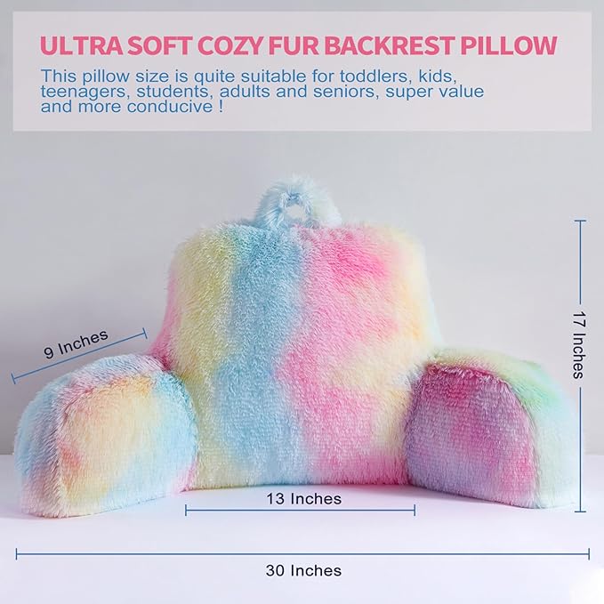 Faux Fur Backrest Pillow for Kids, Teen Reading Pillow with Arms, Fluffy Back Support Pillow for Sitting Up in Bed/Couch, Bed Wedge Pillow for Girls, Reading & Bed Rest Pillows (Pink)