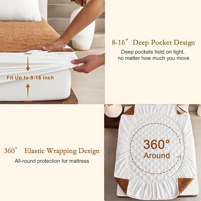 YOUR MOON Wool Fleece Mattress Pad Queen – Organic Australian Wool Plush Mattress Topper, 370GSM Velvet Breathable Bed Mattress Cover with 16" Deep Pocket, 60"x80", Brown