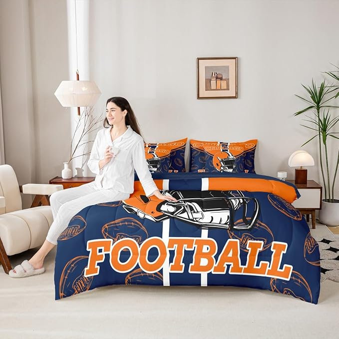 Feelyou Football Comforter Set with Sheets 7 Piece King Size Ball Games Bed in a Bag Kids Boys Girls Rugby Bedding Set City of Footballs Bedroom Decor Rugby Sports