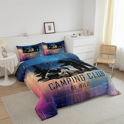 Feelyou Kids Camper Bedding Set Queen Universe Galaxy Camping Comforter for Boys Girls Farmhouse Rustic Wild Bear Decor Comforter Set Nature Starry Sky Quilt with 2 Pillow Case Boys